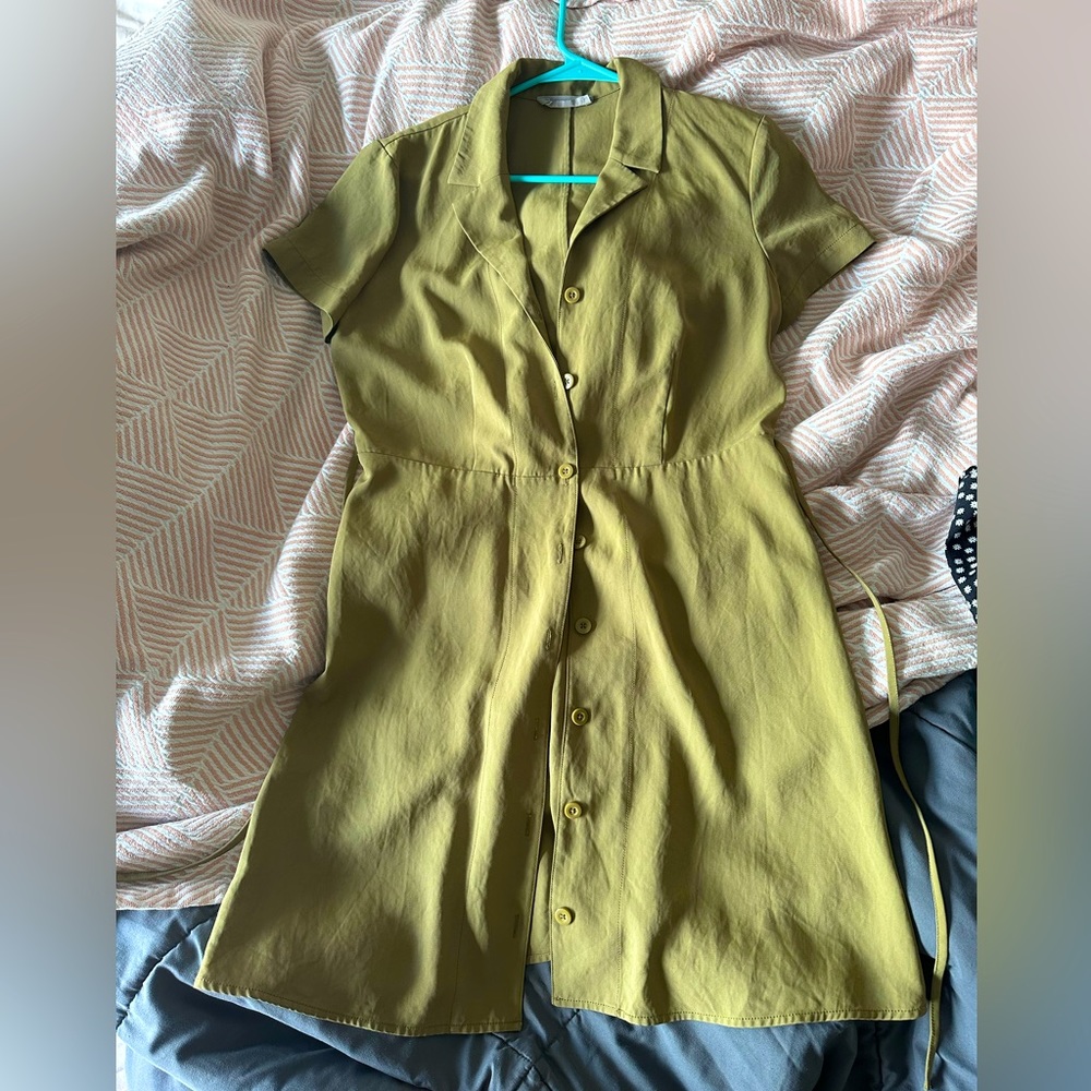 Everlane Japanese GoWeave Shirtdress 10 Green Button Front Flare Short Sleeves